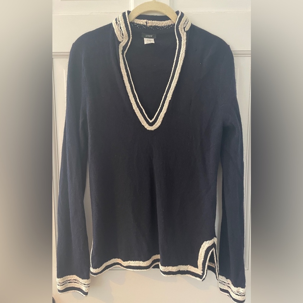J. Crew Deep Navy Lightweight Sweater Shirt with Cream Contrast Trim